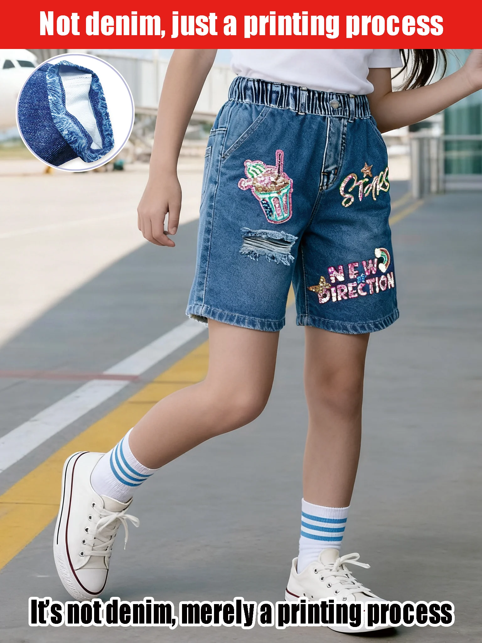 

Girls' 2025 New Printed Imitation Denim Shorts are Casual and Trendy, Suitable for Children's Daily Wear