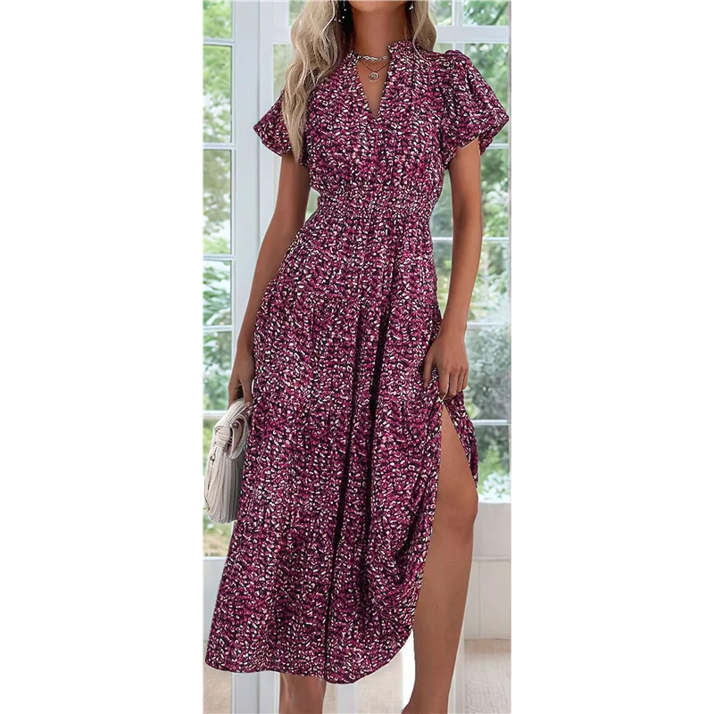 ABRT-Summer Maxi Dresses For Women 2025 Casual V Neck Puff Short Sleeve Smocked Flowy Beach Boho Long Floral Dress