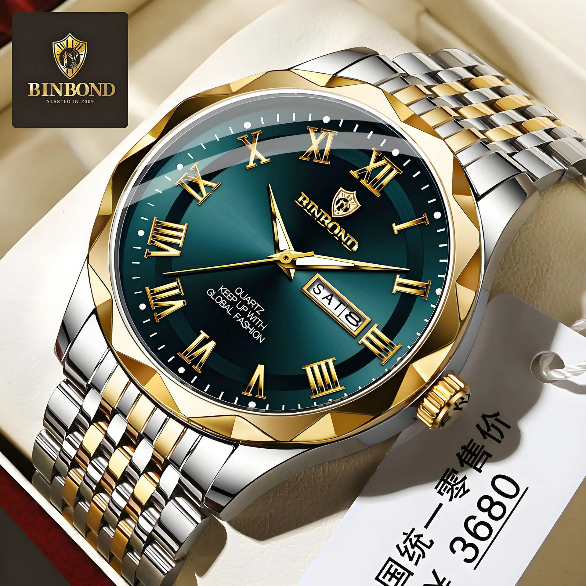 BINBOND Men's Luxury Quartz Watch High-End Business Double Calendar Waterproof Steel Strip Fashionable Male Timepiece Gift