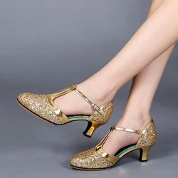 Nuevos zapatos de baile modernos con lentejuelas doradas y plateadas, zapatos de Tango con punta cerrada para mujer, tacones de baile para interiores/exteriores de vals de 3,5/5,5/7,5 CM