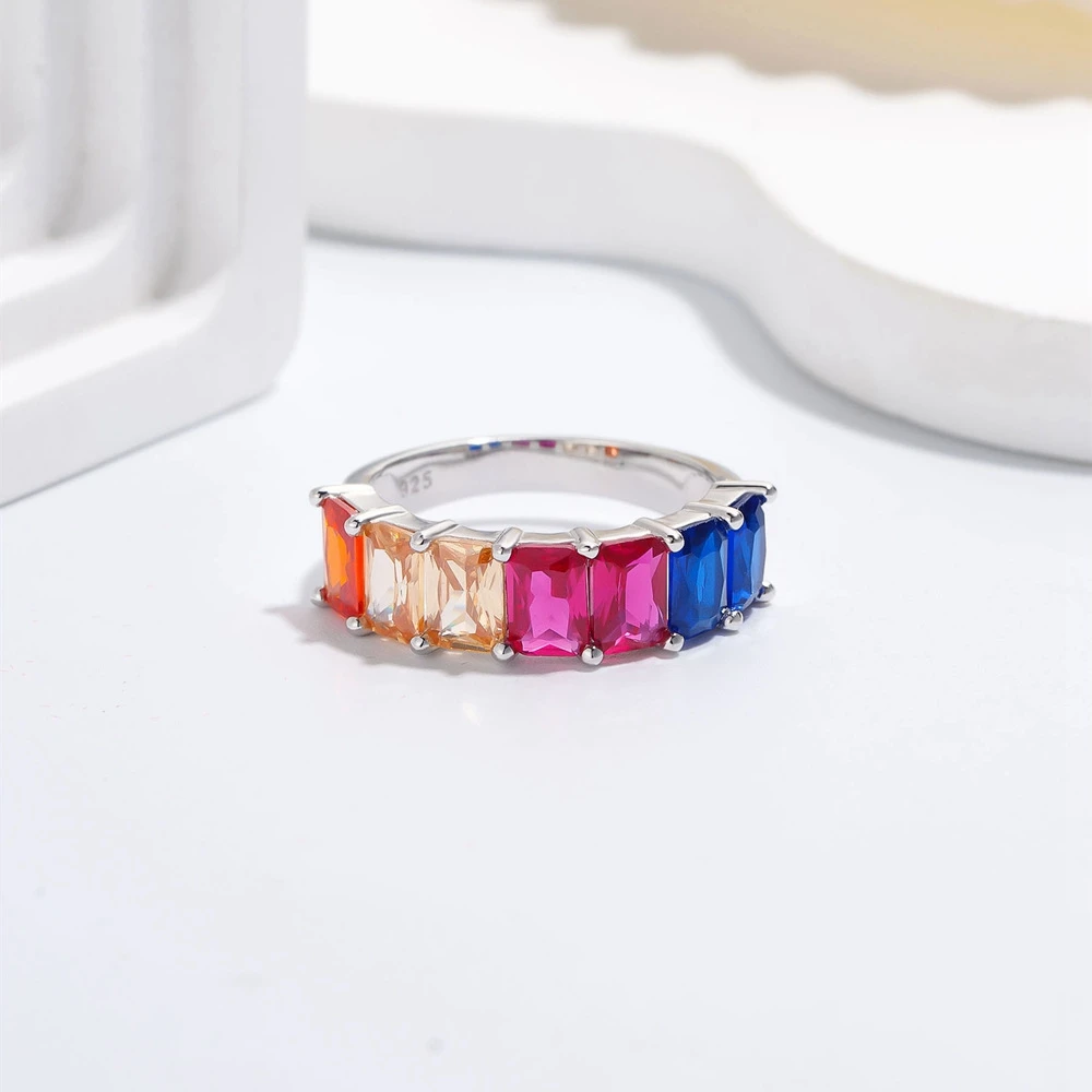 Vinregem 4*6 MM Colorful Lab Created Sapphire Gemstone 925 Sterling Silver Row Rings Wedding Party Fine Jewelry Band Wholesale