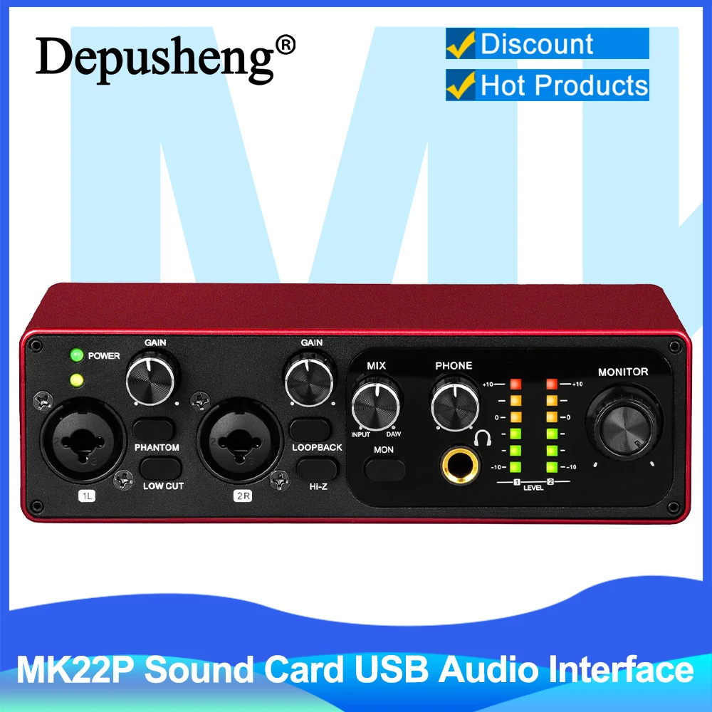 Professional Sound Card Depusheng MK22P USB Audio Interface 48v Phantom Power Supply for Live Studio Streaming Podcasts