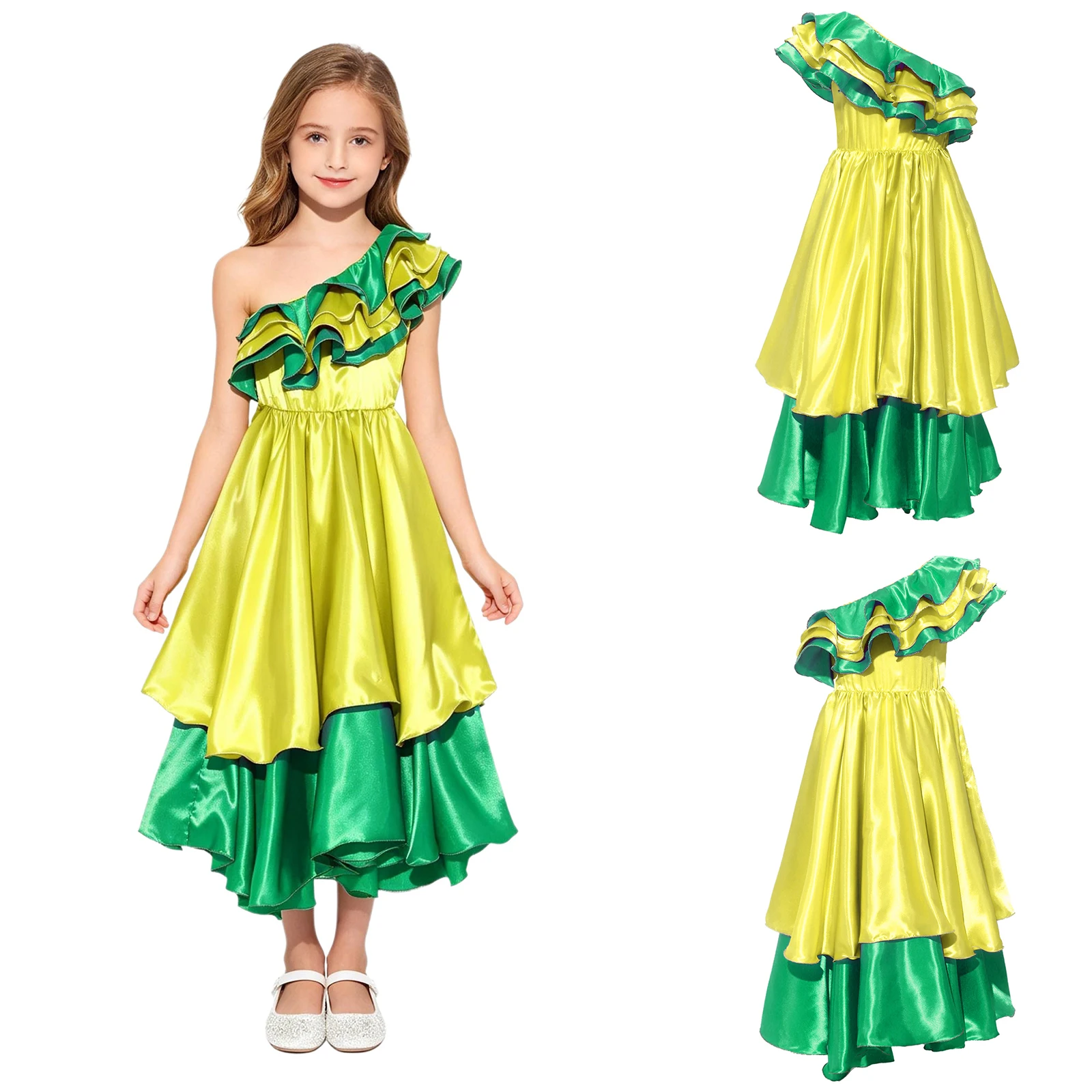 

Girls Latin Fiesta One Shoulder Ruffled Contrast Color Samba Dress Sexy for Halloween Carnival Performance Dance
