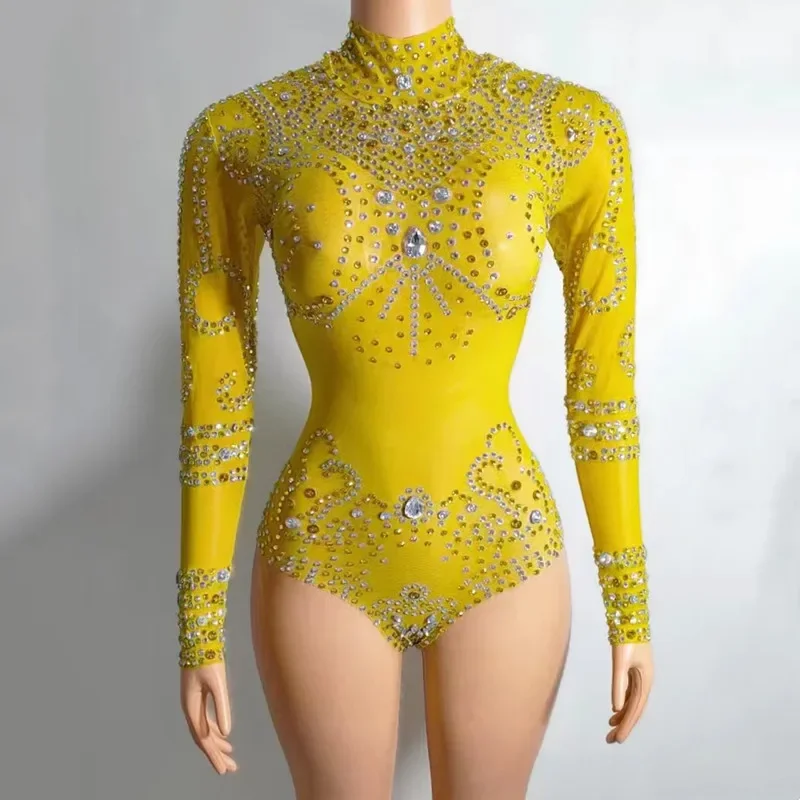 Roupa cantora manga longa malha transparente bodysuit sexy traje de dança boate strass collants feminino collant palco wear