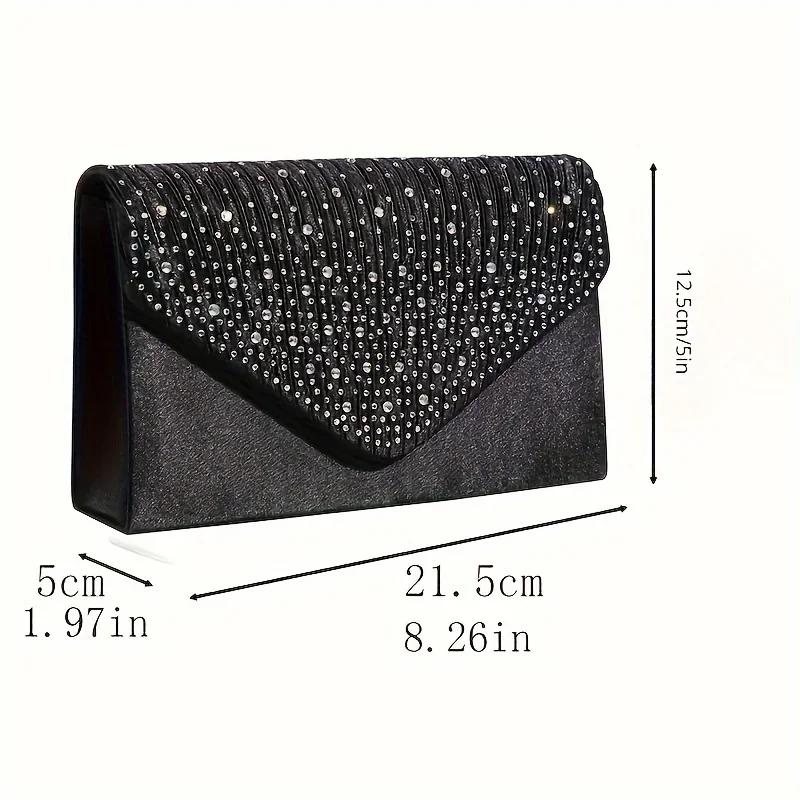 Rhinestone Glitter Metal Chain Envelope Handbag, Elegent Textured Sparkly Flap Purse, Classic Dinner Evening Bag