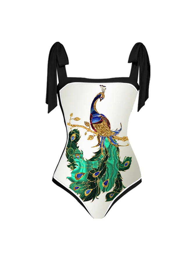 Female Retro Peacock Print One-pieces Swimsuits Holiday Cover-ups Designer Bathing Suit Summer Surf Wear