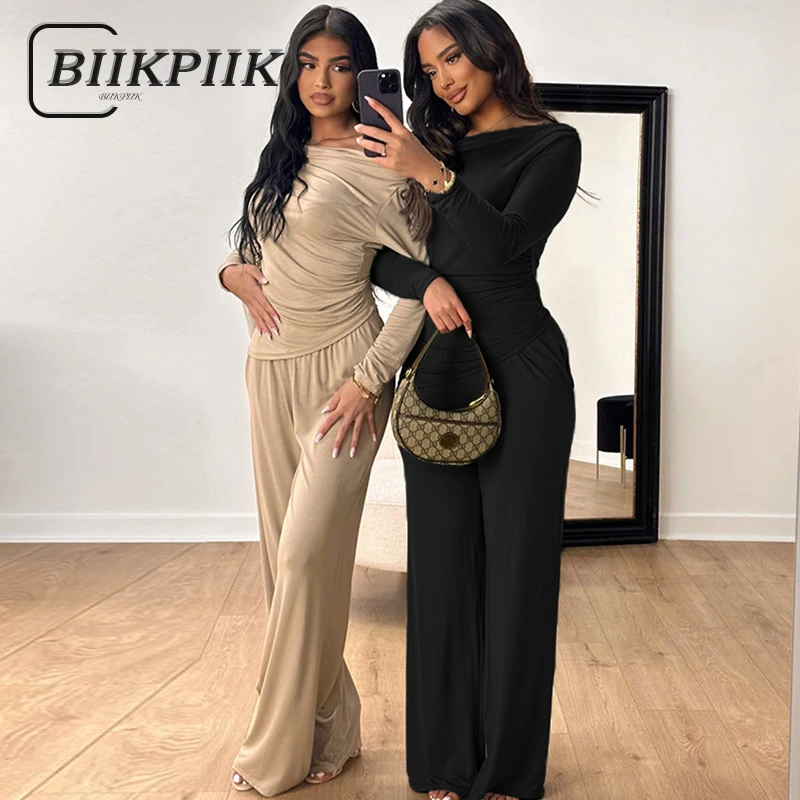 

BIIKPIIK Asymmetric Long Sleeve Wide Leg Pants Sets Autumn Winter Casual Two Piece Suits Sexy Skew Collar Solid Slim Fit Outfits