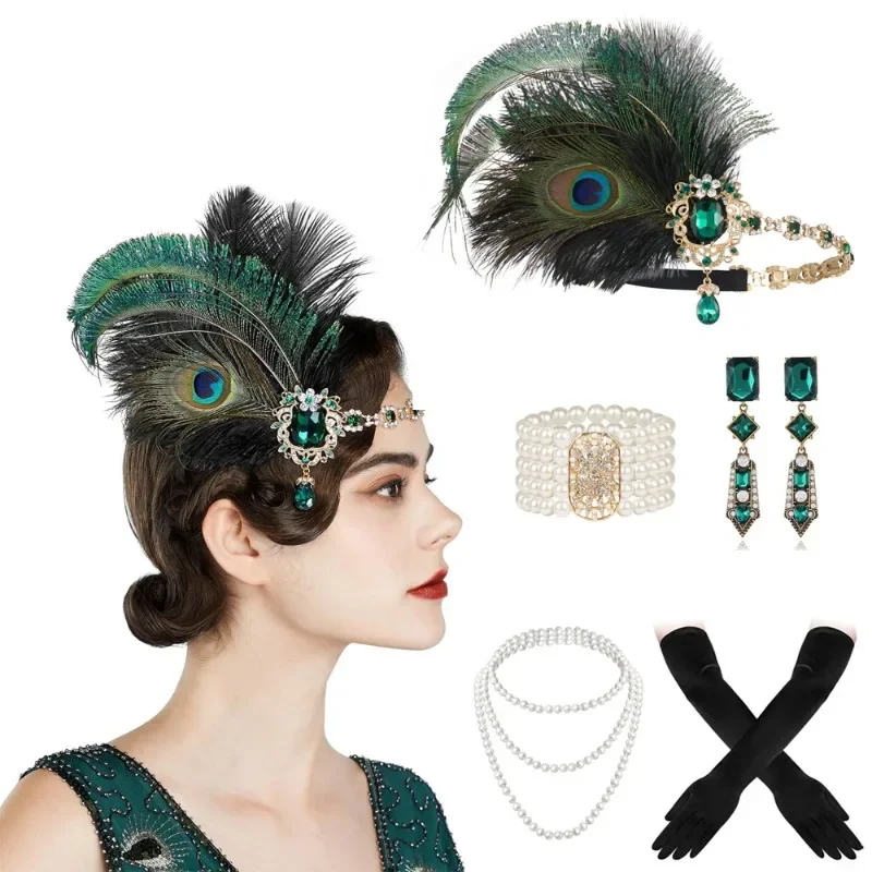 1920s Gatsby Accessories Set for Women Flapper Headband 20s Headpiece Necklace Gloves(ce)