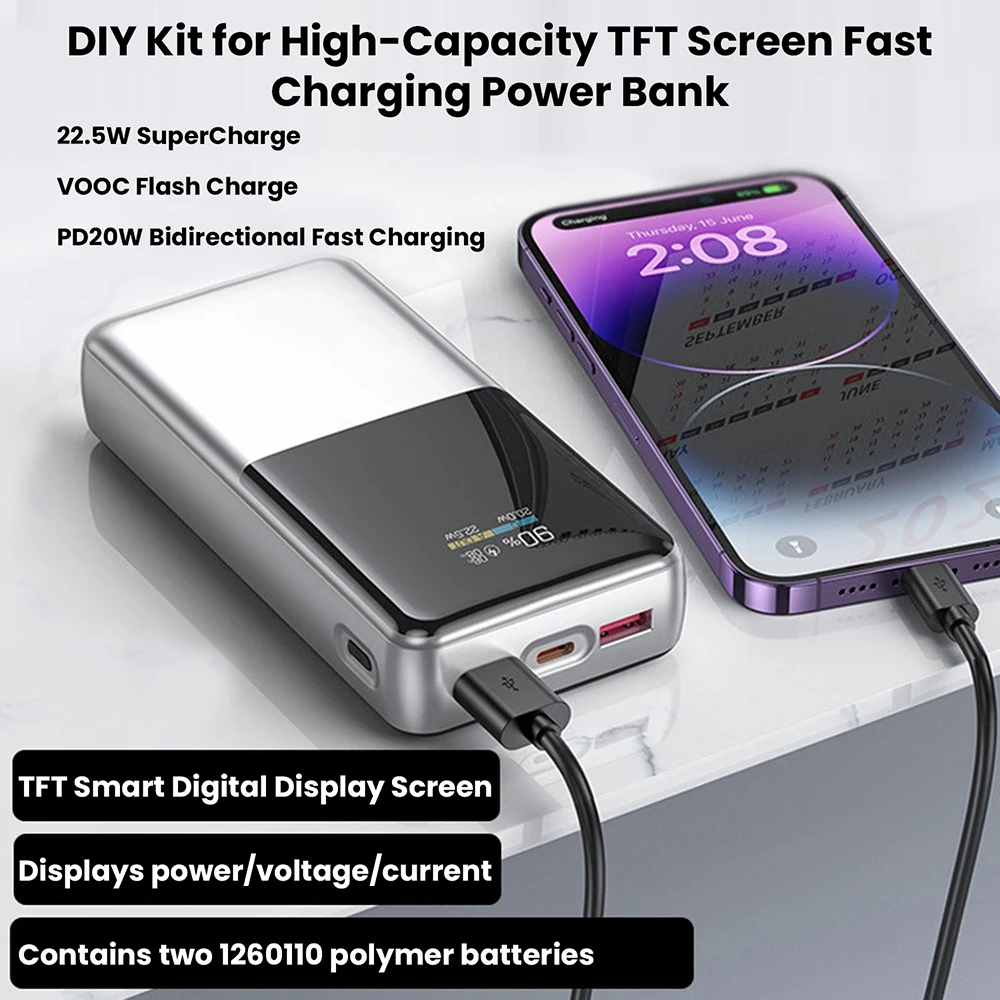 22.5W Fast Charging Module TFT Color Screen Digital Display Mobile Power 3.7V Ternary Lithium Battery Motherboard DIY Recharge