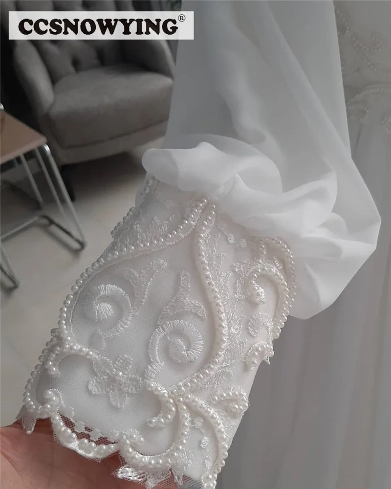 Chiffon Appliques Pearls Muslim Wedding Dress with Cape Long Sleeve Arabic Dubai Bride Gown High Neck Vestidos De Novia