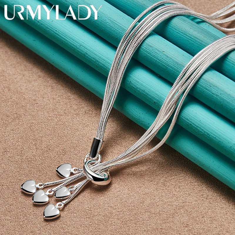 URMYLADY 925 Sterling Silver Five Snake Chain Love Heart Necklace For Women Wedding Party Fashion Charm Jewelry