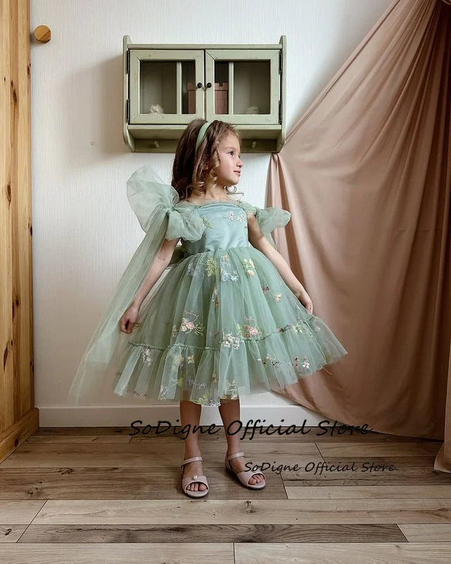 SoDigne A-line Tulle Embroidery Flower Girl Dress Sleeveless Square Collar Girls Party Dresses 2025 Kid Gown Customized Skirt