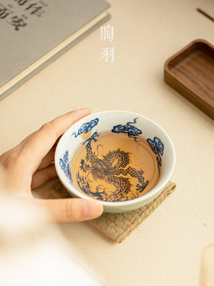 Blue And White Dragon Patterned Ru Kiln Master CeramiC HouseHold Pu'er Cup, Kung Fu Tea Set, Personal ExclusivE