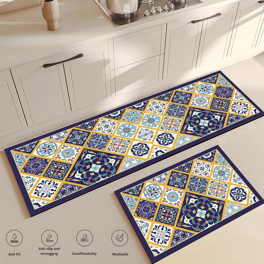 Bedside Living Room Study Room Kitchen Rug Courtyard Entrance Ethnic Style Absorbent Floor Mat, Crystal Velvet No-slip  Carpet