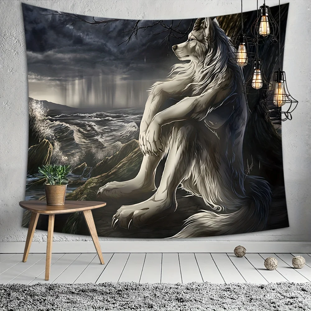 Funny Alpha White Wolf Sitting Sad Indoor Wall Tapestries Home Decor Wall Mural Decoration Indoor Funny Alpha Tapestry