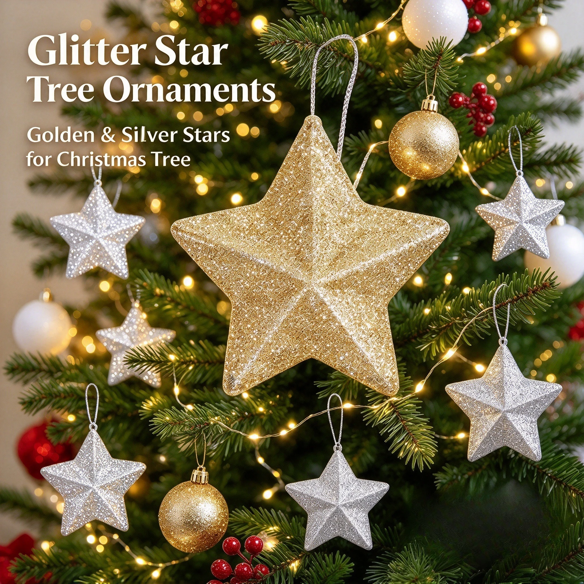 Christmas 3D Glitter Star Hanging Ornaments Five Point Star Baubles Xmas Tree Pendant Holiday Home Party Decor Supplies