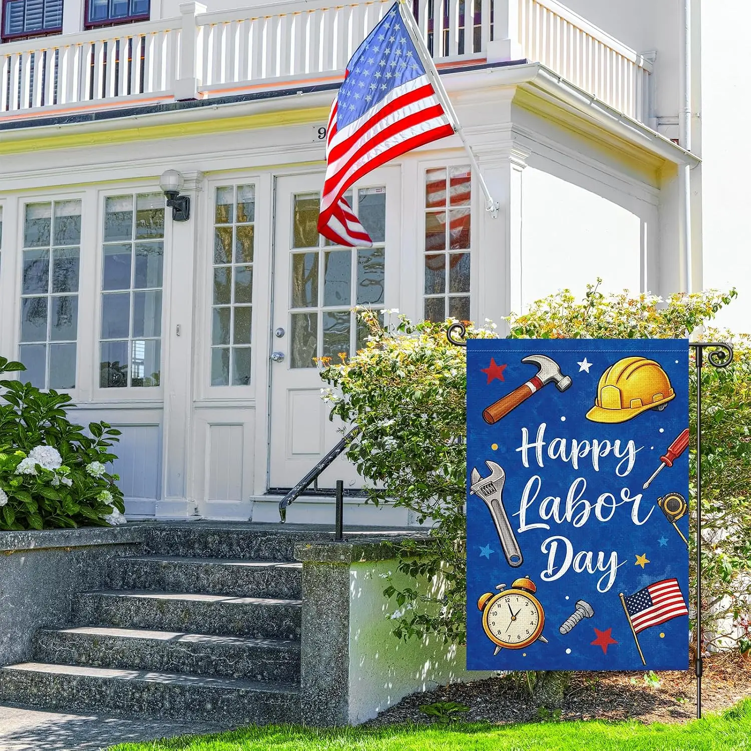 Louise Maelys Happy Labor Day Garden Flag 12x18 Double Sided, Burlap Small Patriotic Tools Hard Hat Garden Yard House Flags  yyi