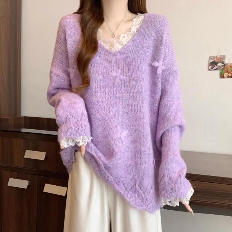 

Women's Sweater New Knitwear Woman Clothes Tops Fashion Y2K Kawaii Warm Lace Trim Butterfly Loose Long Sleeve Casual Daily Wear