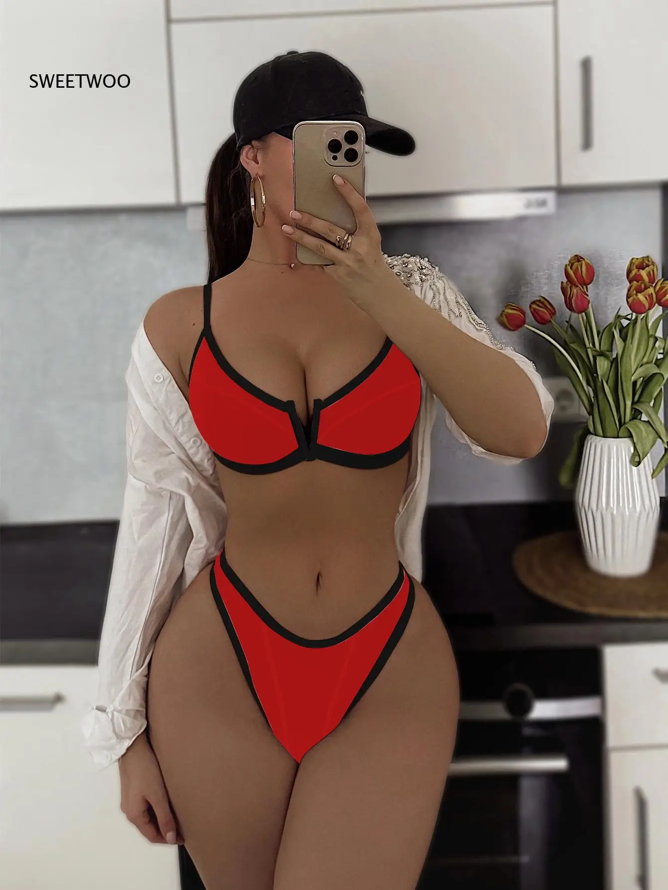 Women 2 Piece Contrast Piping Bikini Set V Neck Underwire Push Up Top High Cut Thong Bottom Bathing Suit For Beach Vacation