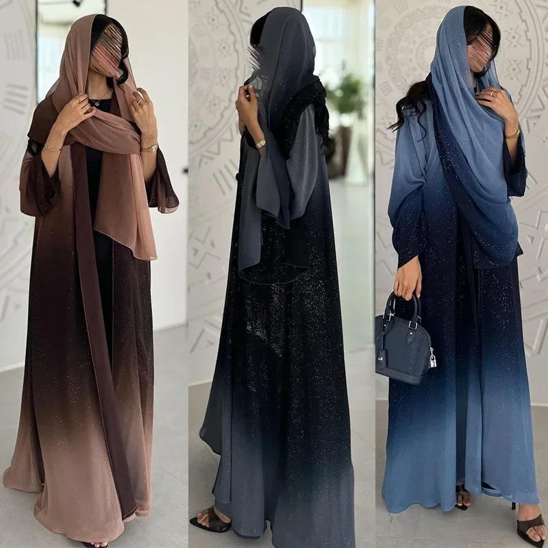 Muslim Chiffon Cardigan for Women Eid Dubai Glitter Abaya Open Kimono Dress Luxury Islam Party Jalabiya Clothes Turkey Robe Arab
