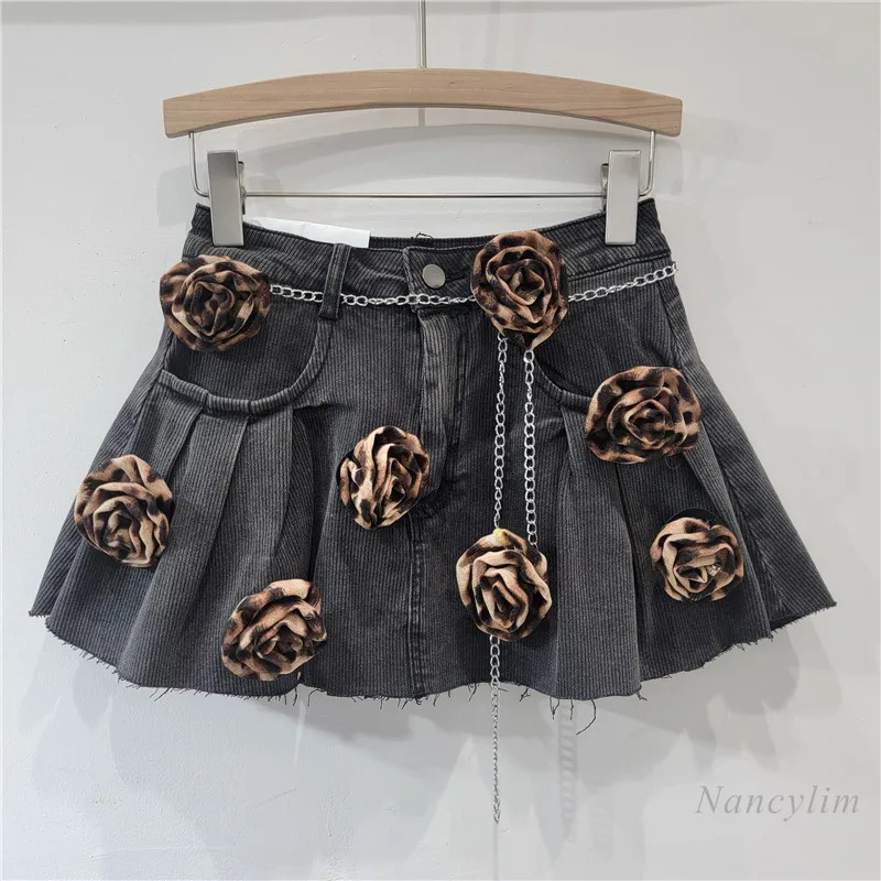 Three-dimensional Flower Decorative Denim Pleated Short Skirt Women's Anti-light 2024 New Elastic A-shaped Jean Skirts