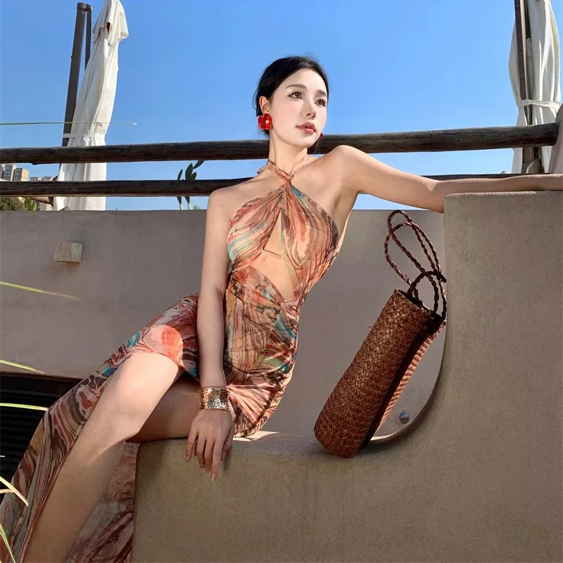 

Women Luxury Travel Long Dress Water Painting Hollow Hanging Neck Open Back Dress Lady Elegant Holiday Style Sexi Mesh Dress