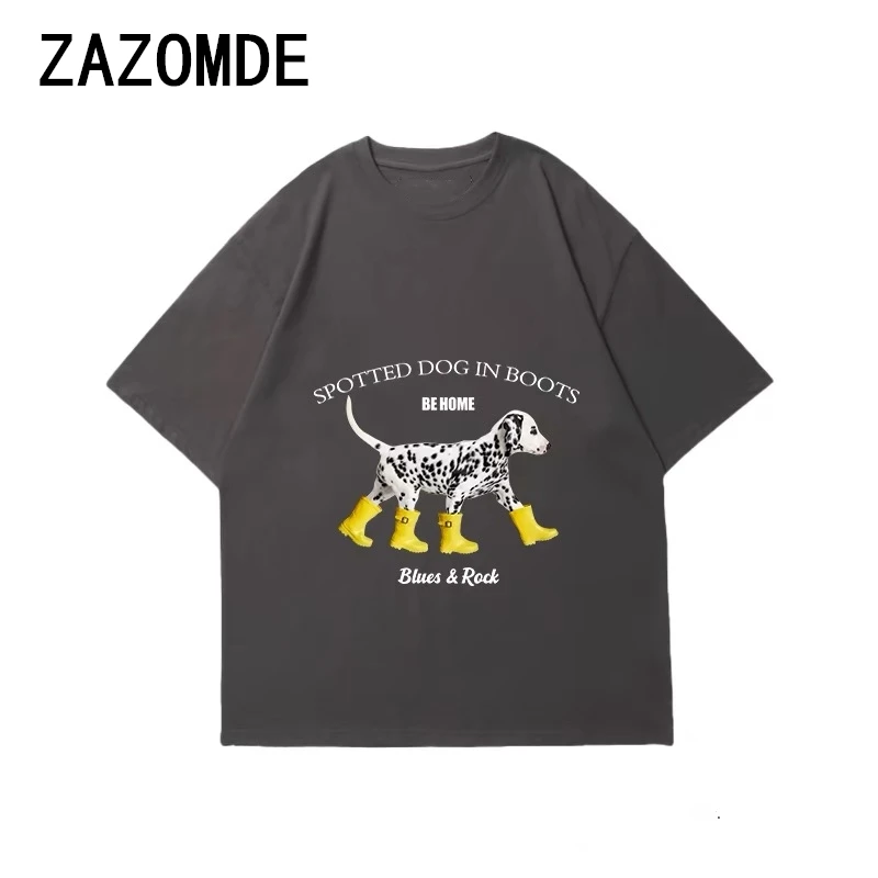 ZAZOMDE 100% Cotton Comb Round Neck Loose T-shirt Man 2024 Summer Dog Print Street Loose Short Sleeve T-shirt Men\'s 260G Top