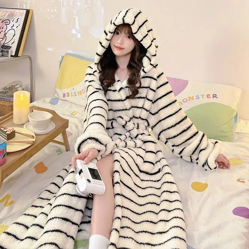 

Зимние толстые теплые фланелевые кимоно с длинными рукавами и капюшоном для женщин, повседневные полосатые халаты из кораллового флиса, одежда для сна, ночная рубашка