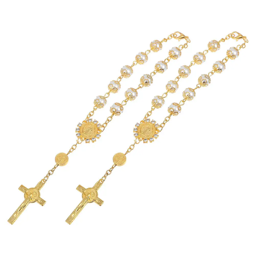 2Pcs Car Rearview Mirror Cross Ornament Gold Silver Lace Glass Pearl Hanging Decoration Religious Blessing Cross Hanging for Car