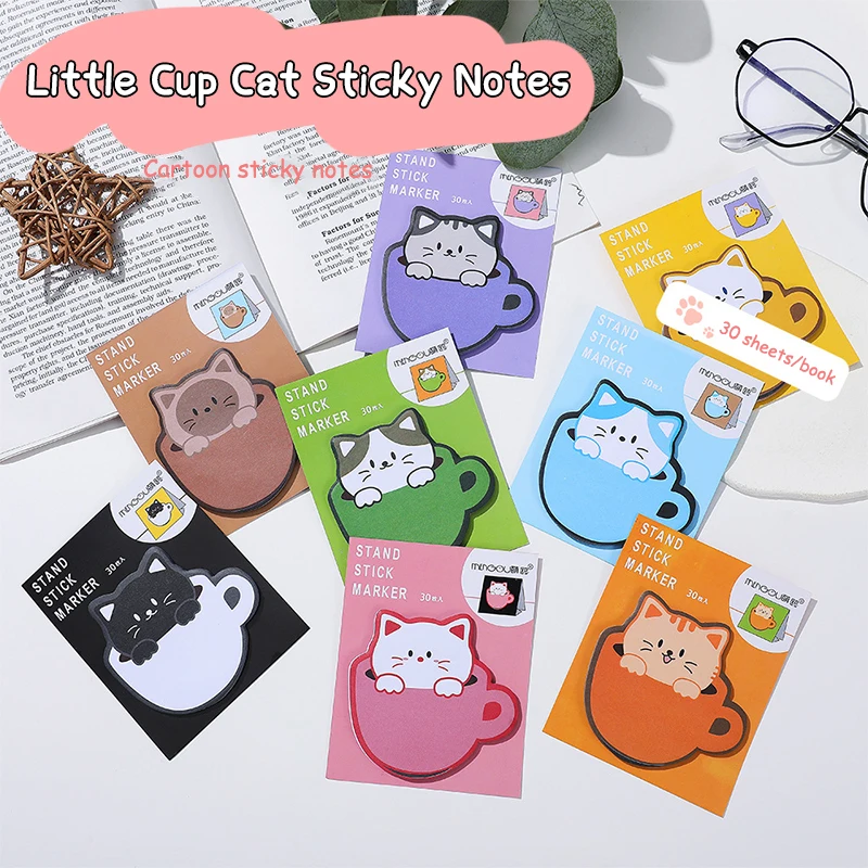 30Sheets Kawaii Cup Cats Sticky Note Pads Kawaii Self-Adhesive Memo Notepad School Students Office Supplies Stationery Planner