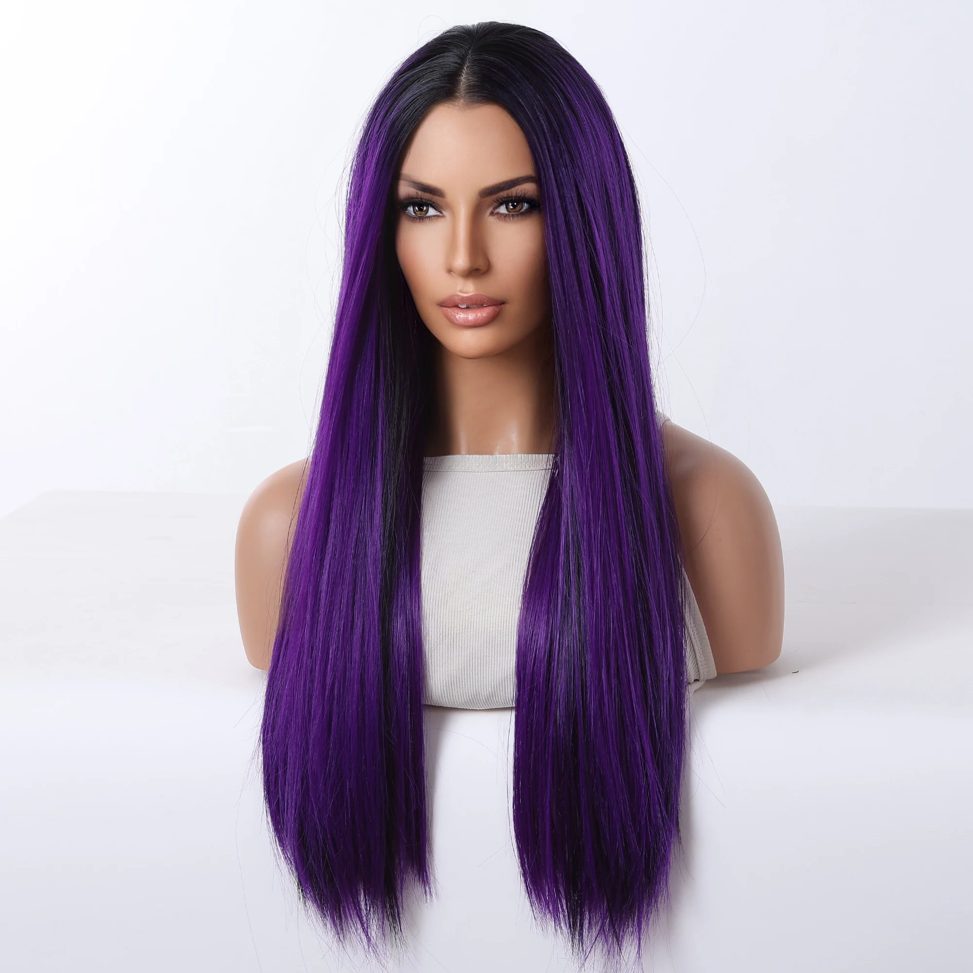 CRAFTOURIST Ombre Purple Long Straight Synthetic Wigs for Women Red Black Cosplay Wig for Christmas Heat Resistant Fiber