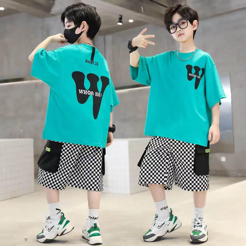 Summer Boys Cotton Alphabet Short-Sleeved T-Shirt Tops+Plaid Short Pant Suit School Kids Tracksuit Child 2PCS Outfit