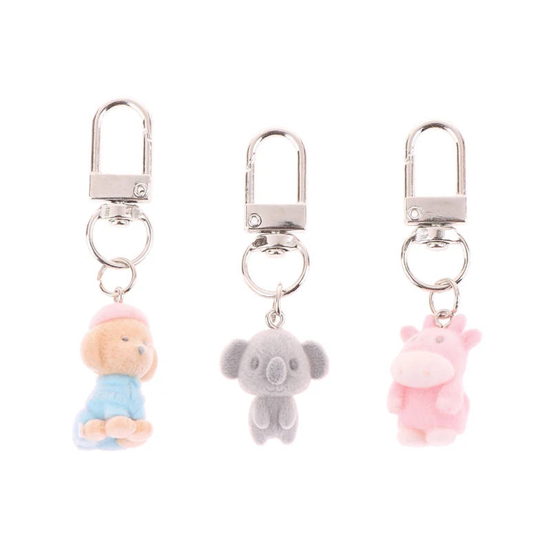 3D Cute Flocking Puppy Calf Koala Plush Keychain Cartoon Flocked Dog Keyring Animal Pendant Backpack Charms Car Bag Decor Gifts