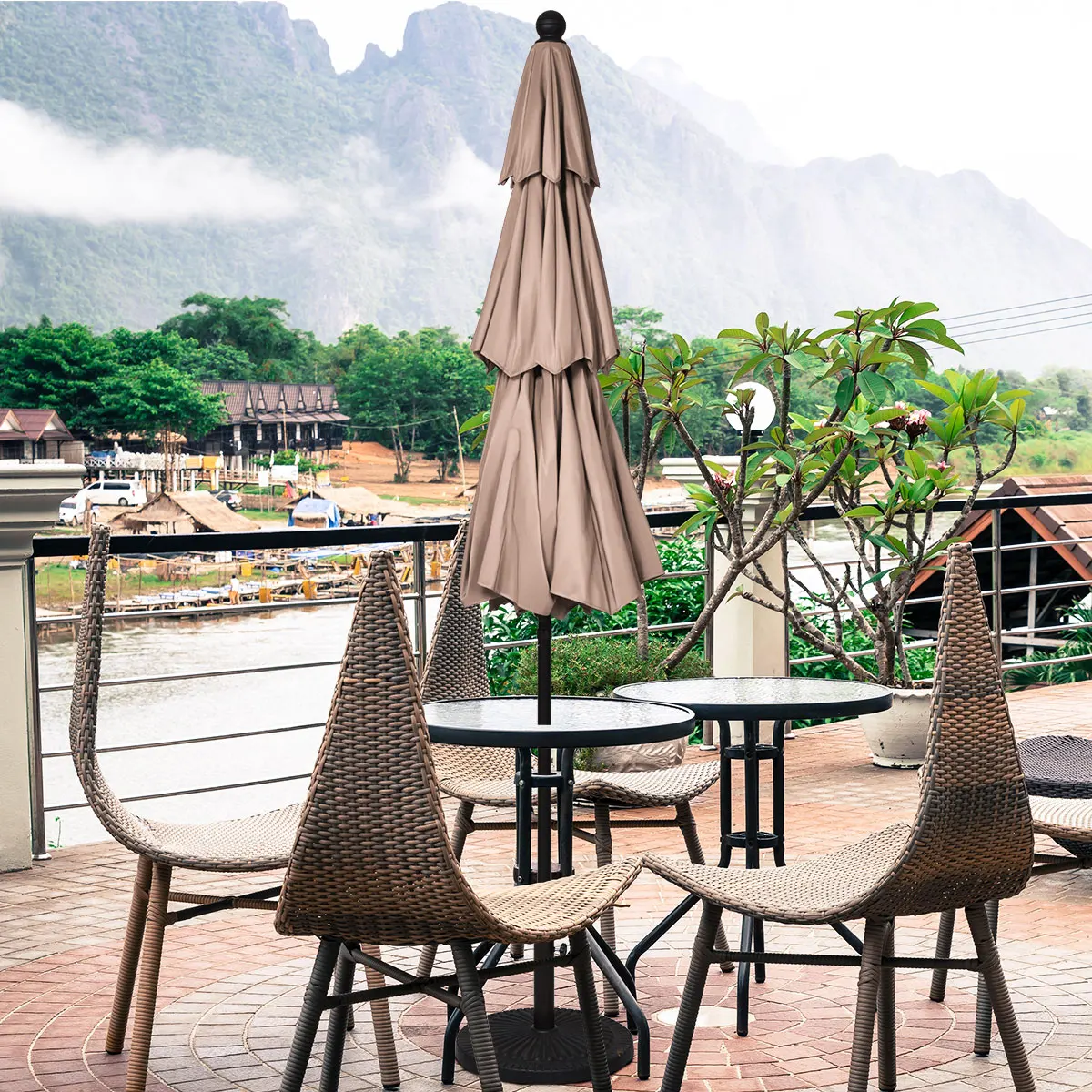 10ft 3 Tier Patio Markt Paraplu Aluminium Zonnescherm Schuilplaats Dubbel Geventileerde Beige