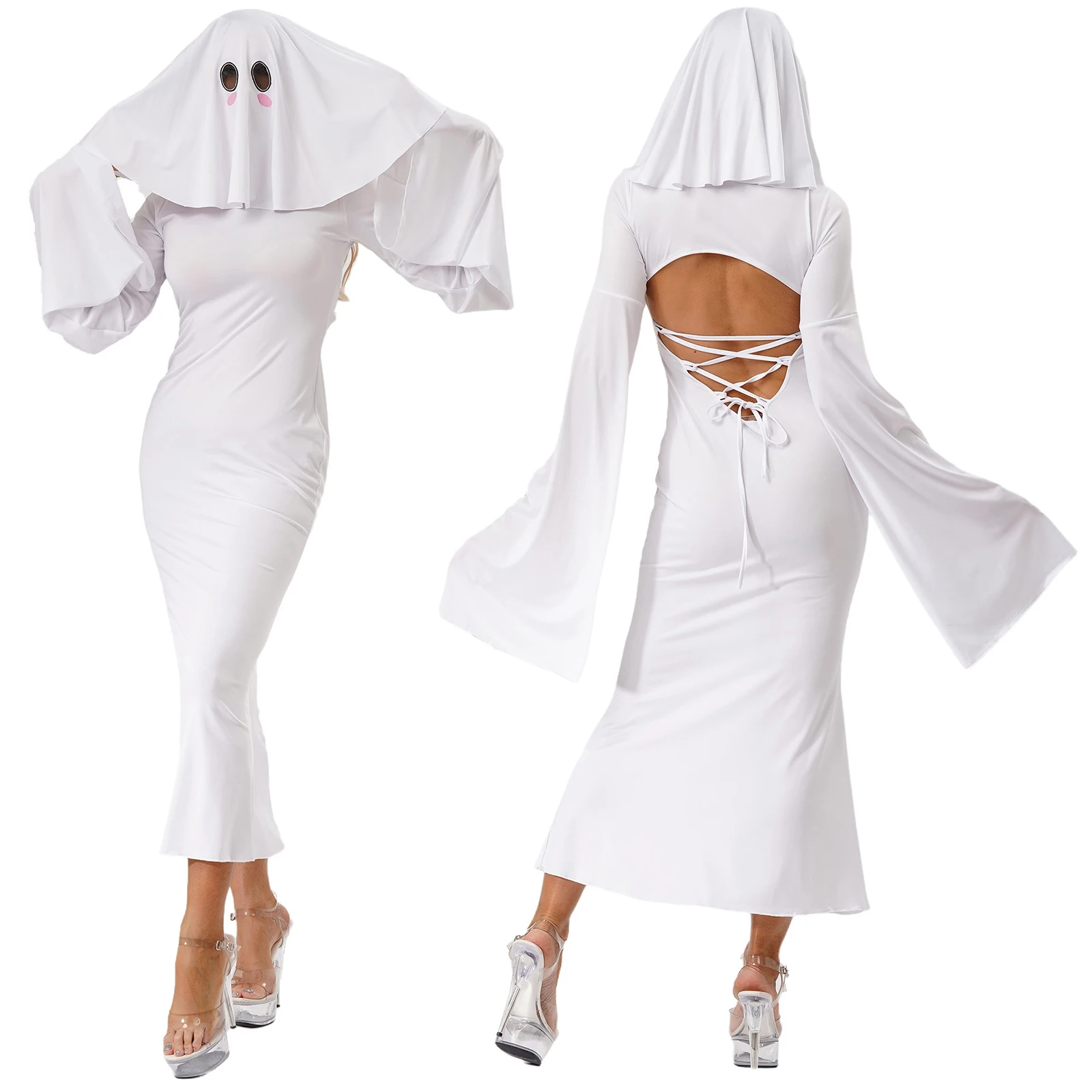 

Women Ghost Costume White Dress with Head Cover Long Flared Sleeve Lace-up Back Dress and Sash for Halloween Cosplay Dress Up