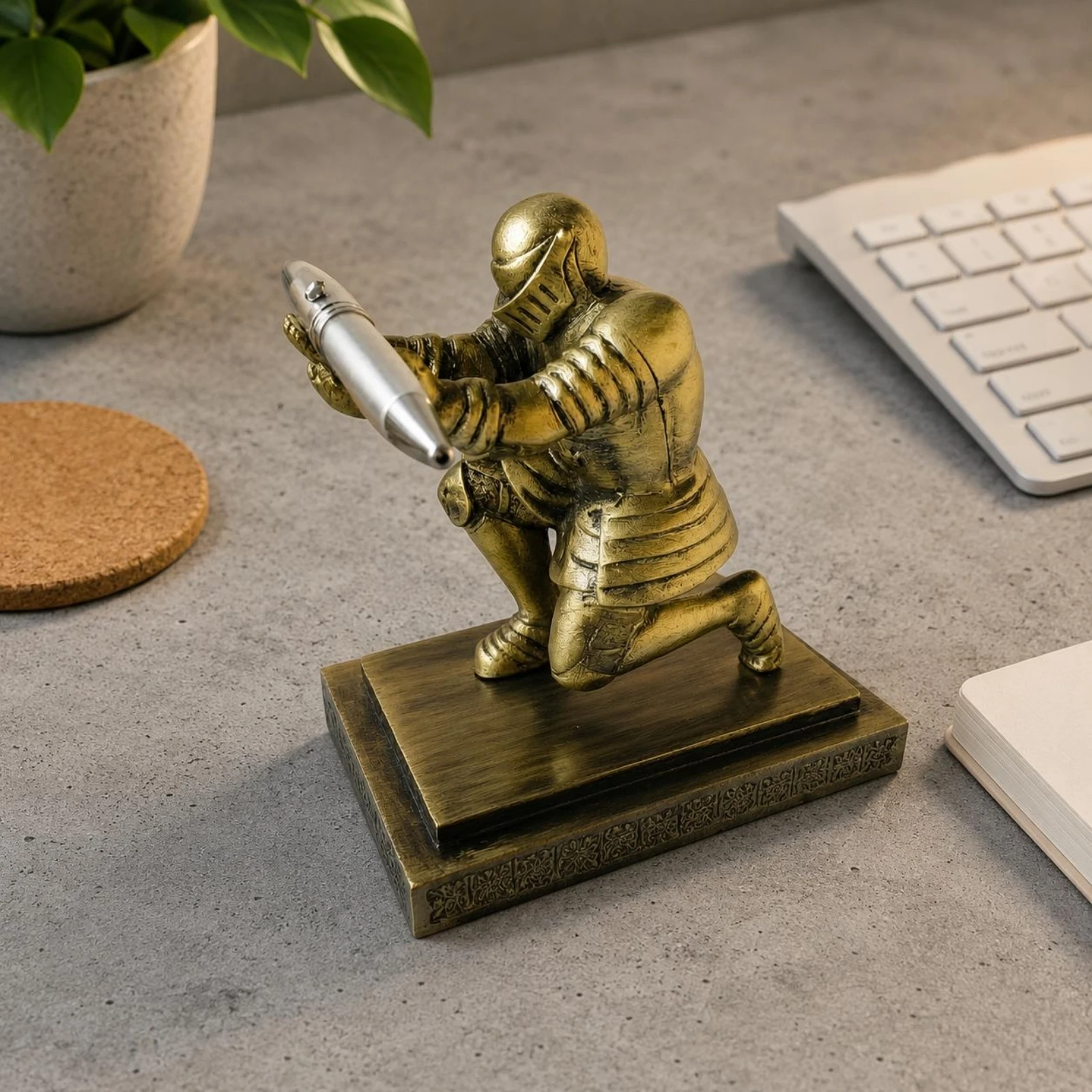 Knight Pen Holder Hollow Body Armored Knight Desk Ornament Medieval Warrior Pen Holder Decorative