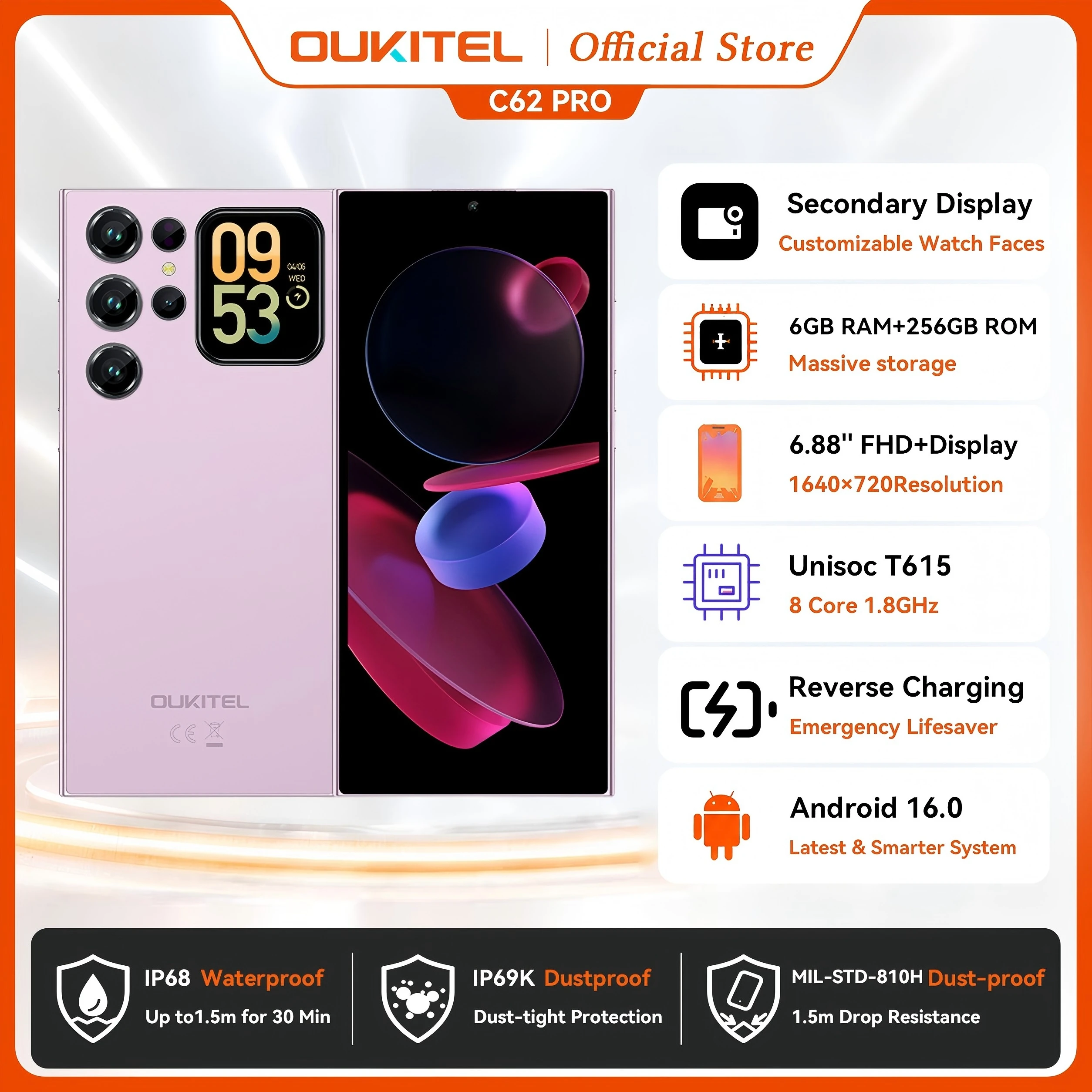 OUKITEL C62 Pro Smartphone Android 15, 6.88
