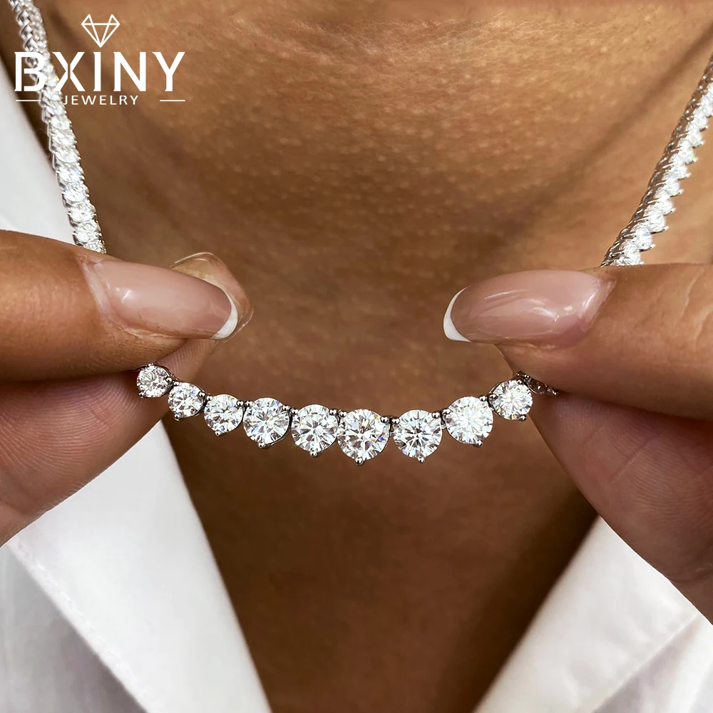 BXINY Gradual Round Moissanite Curved Tennis Necklace S925 Silver Gradient Round Diamonds for Women Wedding Bride Choker Jewelry