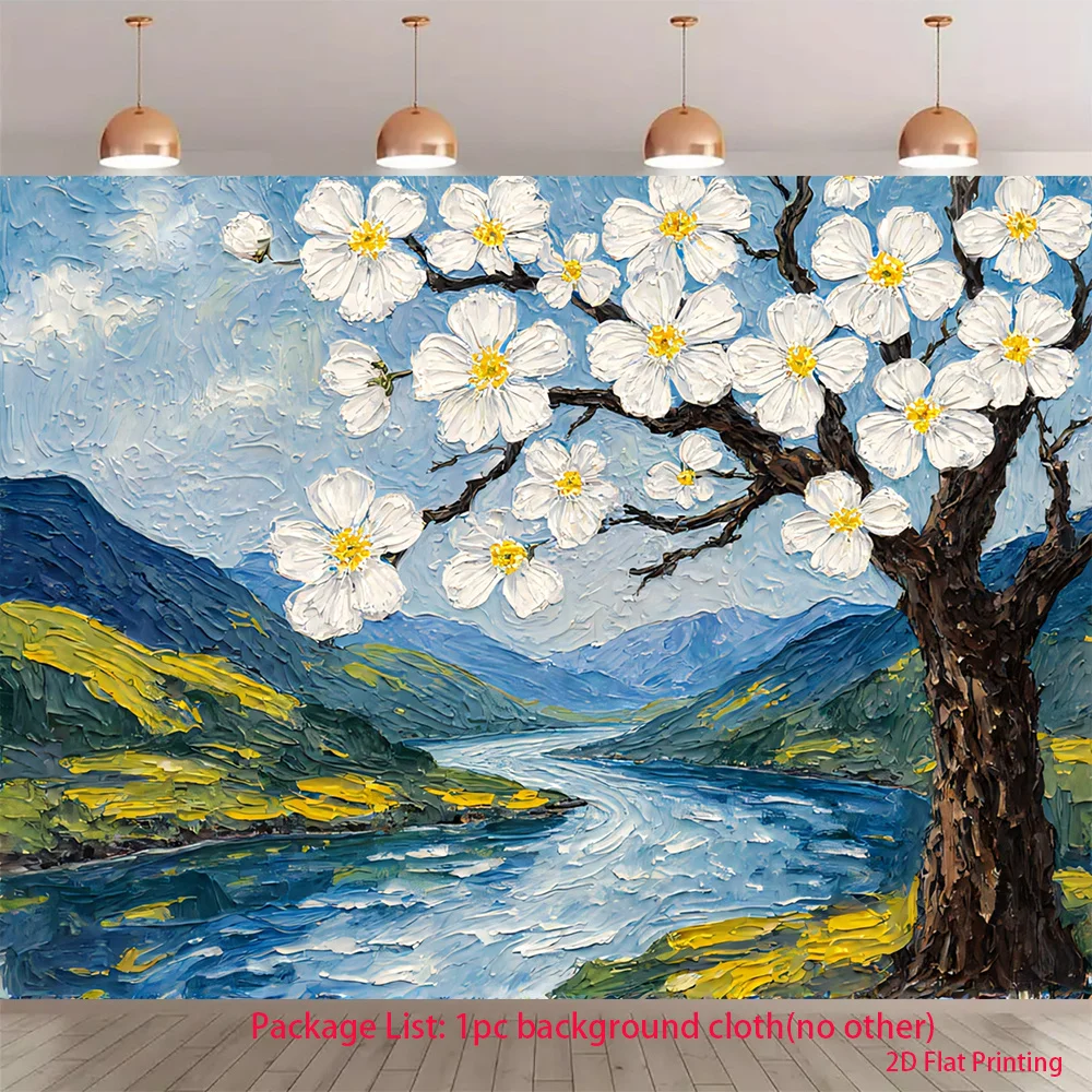 Oil Painting Style Blossom Tree Tapestry River Valley Landscape Wall Hanging for Living Room Bedroom Decor Spring Floral ArtGift