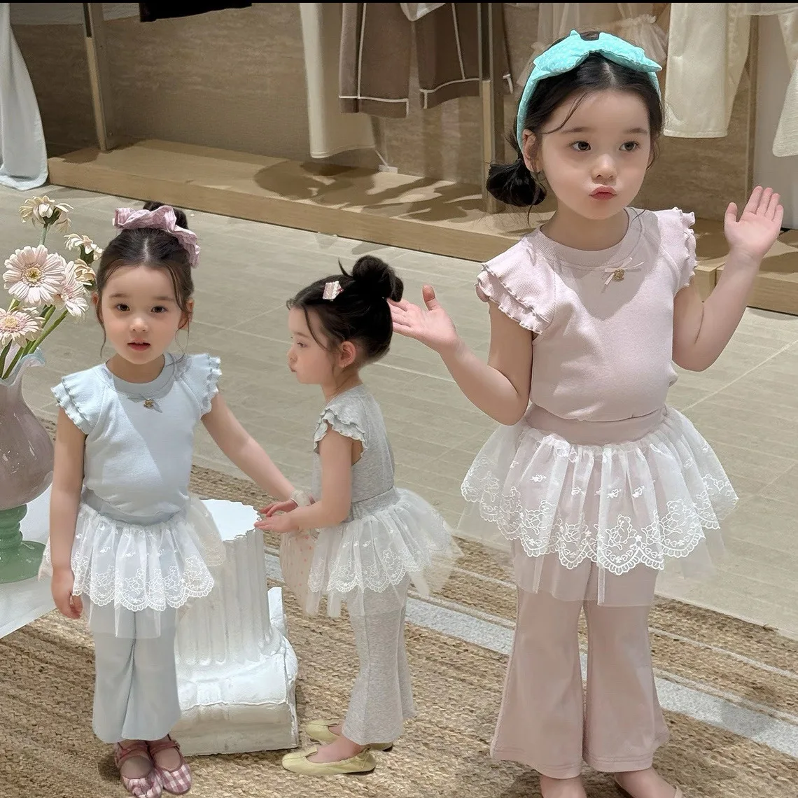 

Girls' Set 2026 New Knitted Summer Top Girls' Korean Cute Lace Splicing Straight Leg Pants Set