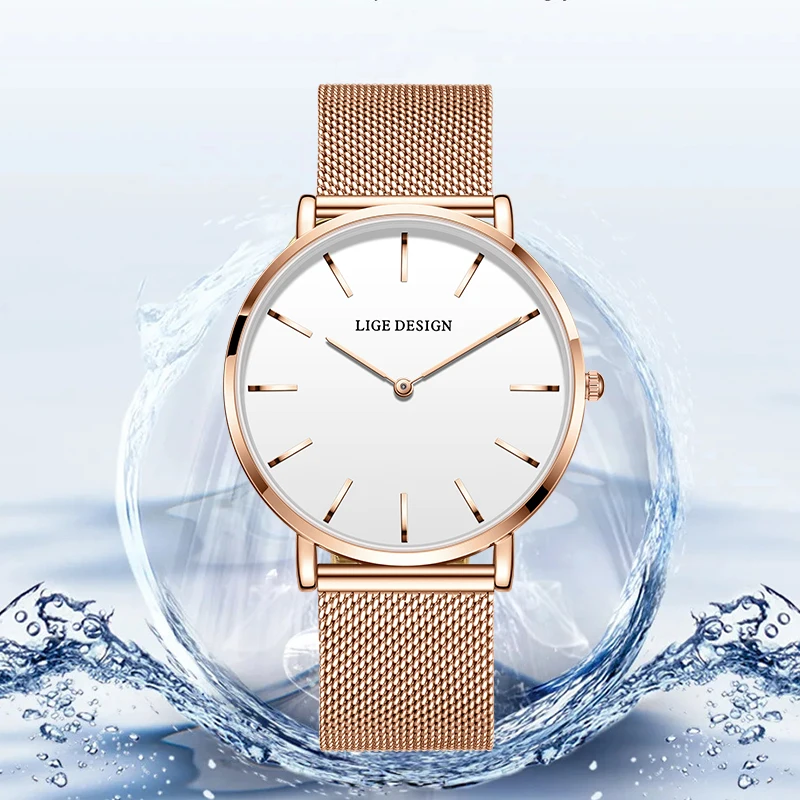 LIGE Quartz Couple Watch Stainless Steel Ultra Thin Simple Dial Wristwatch Luxury Waterproof Watches for Men Women Romantic Gift