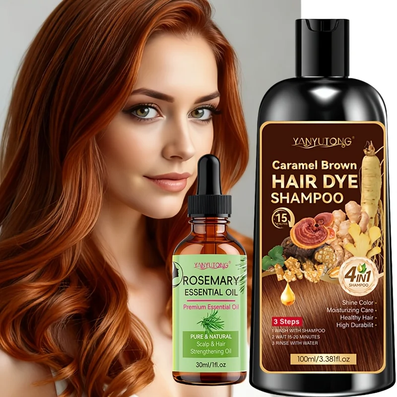 100ml 4-in-1 Caramel Hair Dye + 30ml Rosemary Essential Oil, instant coloring, shiny and smooth, voluminous and anti-frizz.
