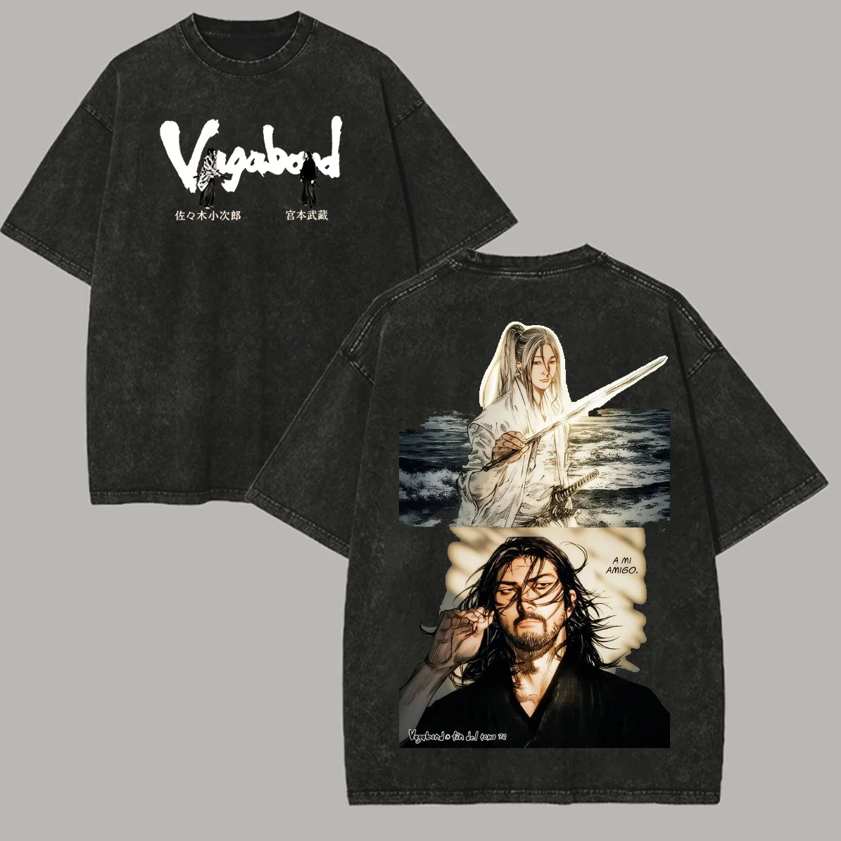 Anime Vagabond Miyamoto Musashi Manga T-shirt Men Women Vintage Washed Oversize Harajuku Fashion Top Summer Cotton Soft New Tee