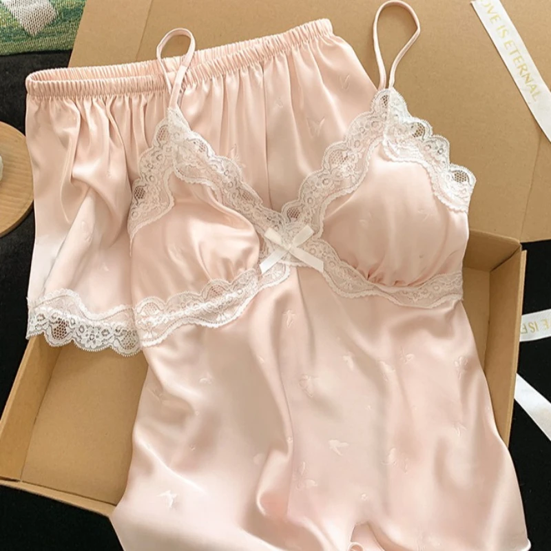 

New Ice Silk Strap Shorts Women's Summer Set Sleepwear Cool Thin Comfortable Lace Home Clothes Пижама Женская