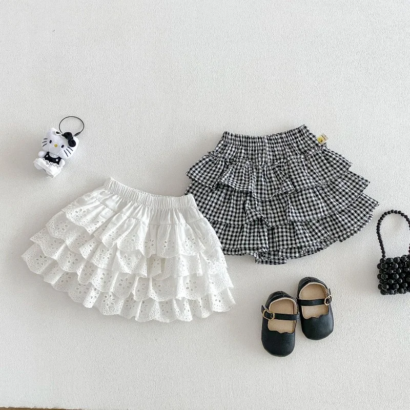 Bellbell Summer Infant Babys Girls Skirt Sweet Plaid Little Girl Culottes for 9M-4Y Girl Lace Hollow Toddler Kid Girl Cake Skirt