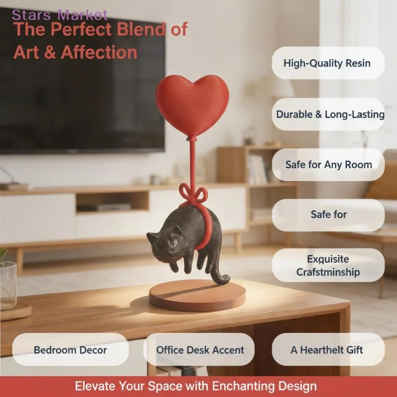 1Pcs Home Bookshelf Bedside Table Ornament Cute Floating Cat Statue With Heart Shaped Balloon Cozy Romantic Desk Decor Gift