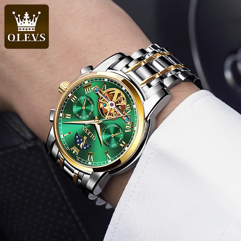 OLEVS Mens Watches Top Brand Luxury Gold Plated Men Green Water Ghost Mechanical Watch Watch Fashion Hollow Dial Waterproof 6617