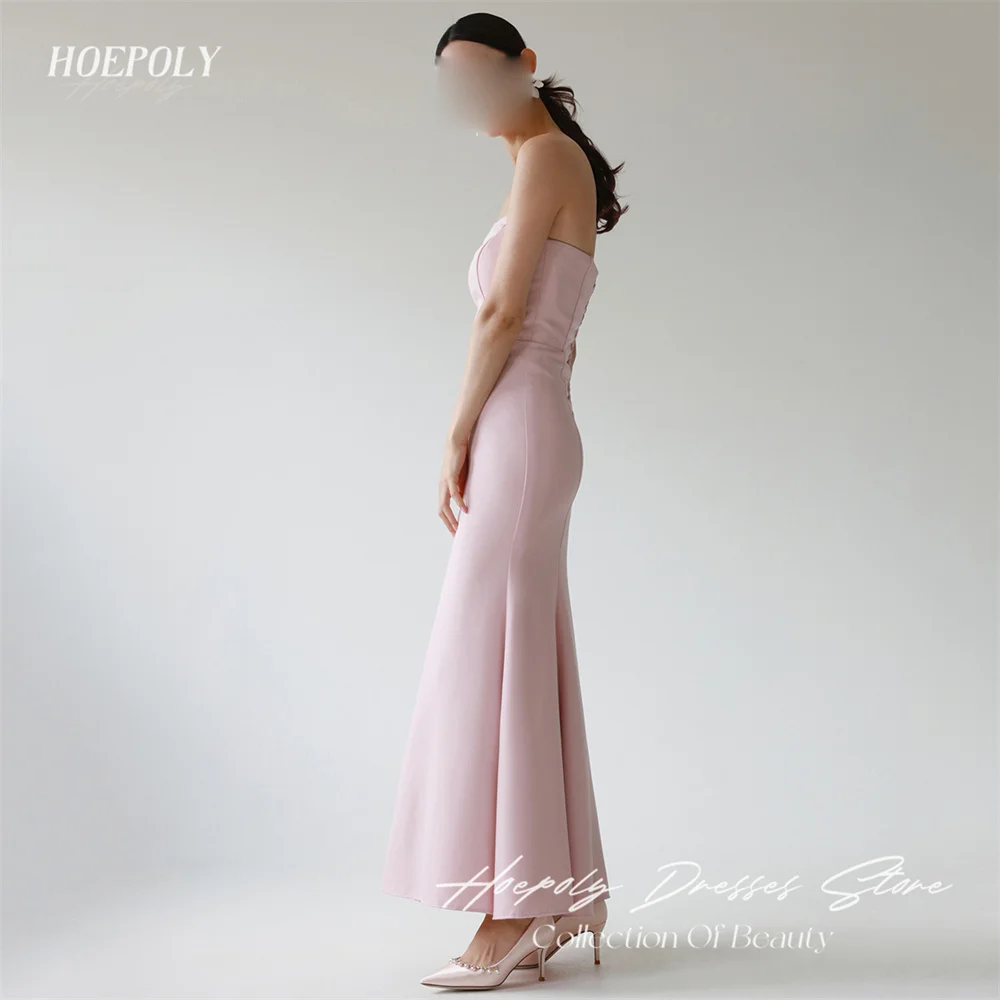 Hoepoly Strapless Long Formal Sleeveless Mermaid Pleat Classy Simple Evening Dress Ankle Length Backless Lace Up Prom Gown New