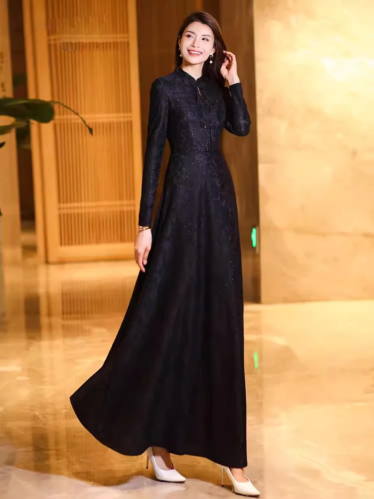 New Women Vintage Chinese Dress Spring Autumn Fashion Meticulous Plate Buttons Stand Collar Long Sleeve Slim Overlength Dress