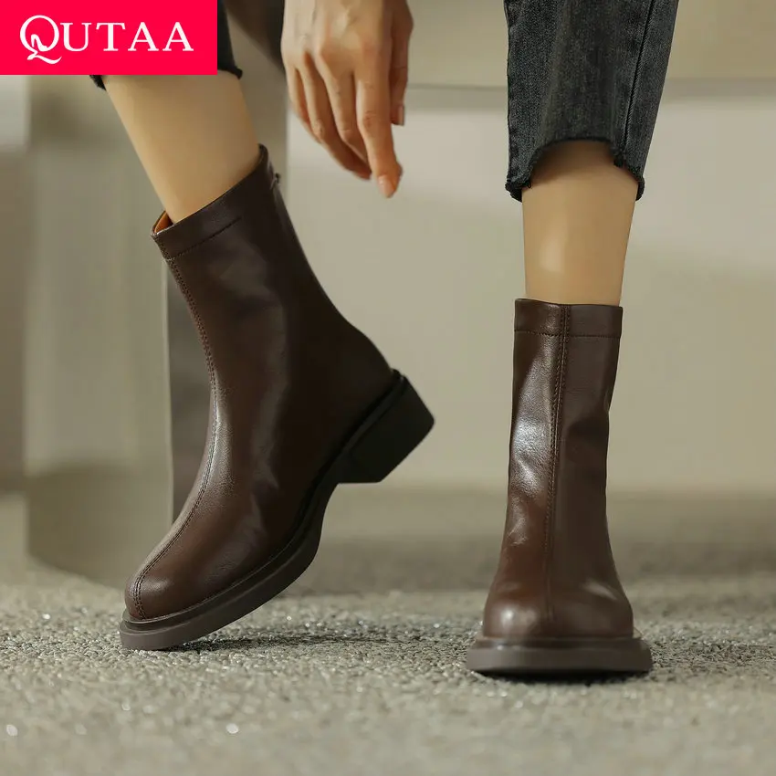 

QUTAA 2024 Woman Ankle Boots Stretch Autumn Winter Genuine Leather Round Toe Low Heel Party Office Lady Shoes Woman Size 34-39